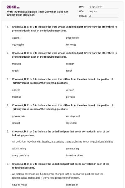 Kỳ thi thử thpt quốc gia lần 1 năm 2019 môn Tiếng Anh cực hay có lời giải(Đề 24)