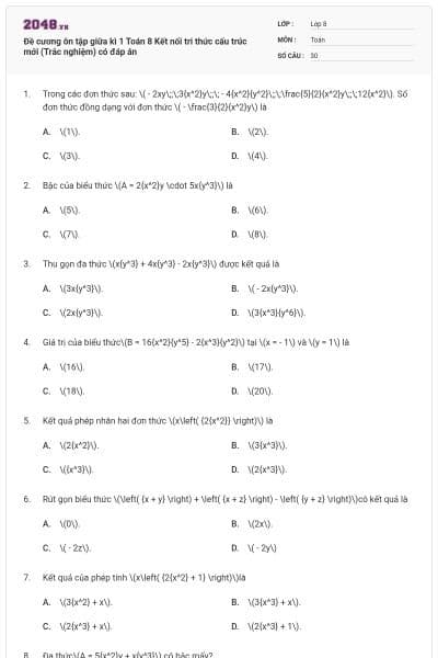 Đề cương ôn tập giữa kì 1 Toán 8 Kết nối tri thức cấu trúc mới (Trắc nghiệm) có đáp án