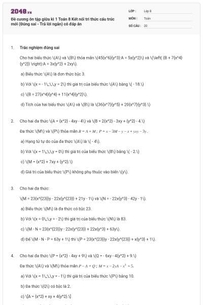 Đề cương ôn tập giữa kì 1 Toán 8 Kết nối tri thức cấu trúc mới (Đúng sai - Trả lời ngắn) có đáp án