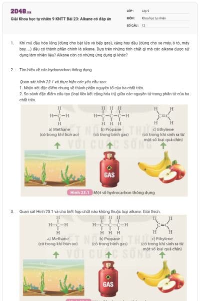 Giải Khoa học tự nhiên 9 KNTT Bài 23: Alkane có đáp án