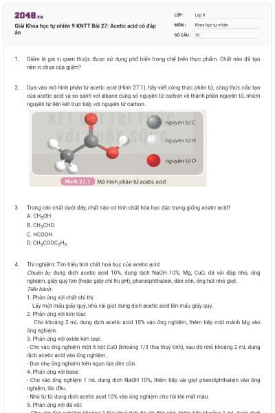 Giải Khoa học tự nhiên 9 KNTT Bài 27: Acetic acid có đáp án