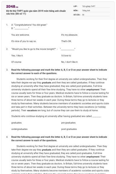 Đề thi thử THPT quốc gia năm 2019 môn tiếng anh chuẩn cấu trúc (Đề số 11)