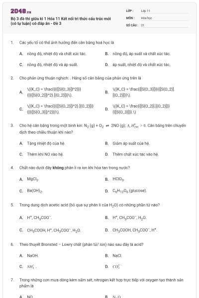 Bộ 3 đề thi giữa kì 1 Hóa 11 Kết nối tri thức cấu trúc mới (có tự luận) có đáp án - Đề 3