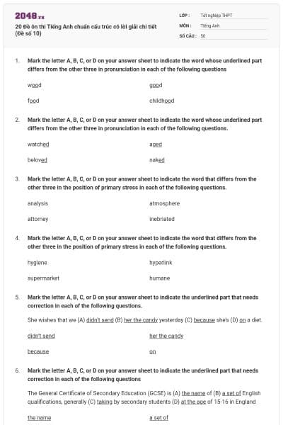 20 Đề ôn thi Tiếng Anh chuẩn cấu trúc có lời giải chi tiết (Đề số 10)