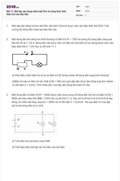 Bài 11: Bài tập vận dụng định luật Ôm và công thức tính điện trở của dây dẫn