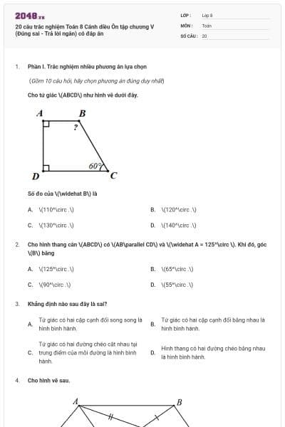 20 câu trắc nghiệm Toán 8 Cánh diều Ôn tập chương V (Đúng sai - Trả lời ngắn) có đáp án