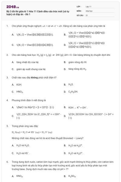 Bộ 3 đề thi giữa kì 1 Hóa 11 Cánh diều cấu trúc mới (có tự luận) có đáp án - Đề 1
