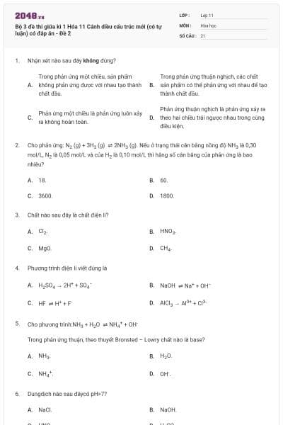 Bộ 3 đề thi giữa kì 1 Hóa 11 Cánh diều cấu trúc mới (có tự luận) có đáp án - Đề 2