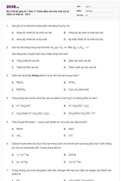 Bộ 3 đề thi giữa kì 1 Hóa 11 Cánh diều cấu trúc mới (có tự luận) có đáp án - Đề 3