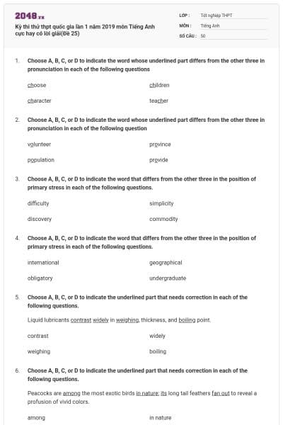 Kỳ thi thử thpt quốc gia lần 1 năm 2019 môn Tiếng Anh cực hay có lời giải(Đề 25)