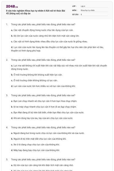 8 câu trắc nghiệm Khoa học tự nhiên 6 Kết nối tri thức Bài 45 (Đúng sai) có đáp án