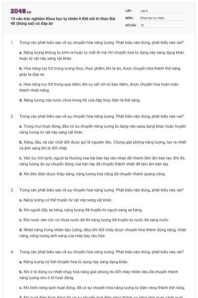 10 câu trắc nghiệm Khoa học tự nhiên 6 Kết nối tri thức Bài 48 (Đúng sai) có đáp án