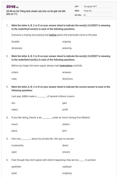 20 Đề ôn thi Tiếng Anh chuẩn cấu trúc có lời giải chi tiết (Đề số 11)