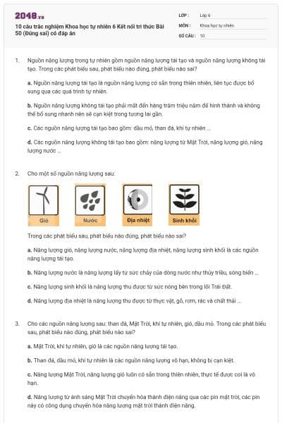 10 câu trắc nghiệm Khoa học tự nhiên 6 Kết nối tri thức Bài 50 (Đúng sai) có đáp án
