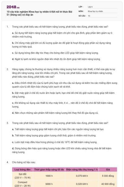 10 câu trắc nghiệm Khoa học tự nhiên 6 Kết nối tri thức Bài 51 (Đúng sai) có đáp án