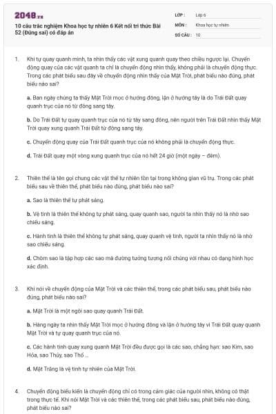 10 câu trắc nghiệm Khoa học tự nhiên 6 Kết nối tri thức Bài 52 (Đúng sai) có đáp án