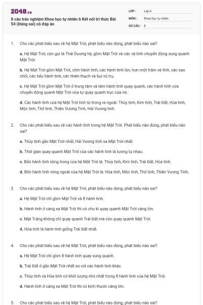 8 câu trắc nghiệm Khoa học tự nhiên 6 Kết nối tri thức Bài 54 (Đúng sai) có đáp án