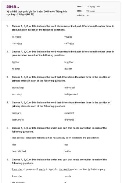Kỳ thi thử thpt quốc gia lần 1 năm 2019 môn Tiếng Anh cực hay có lời giải(Đề 26)