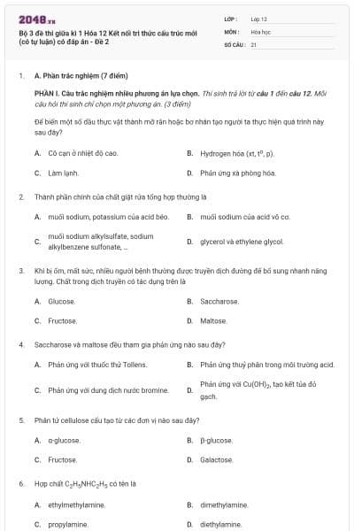Bộ 3 đề thi giữa kì 1 Hóa 12 Kết nối tri thức cấu trúc mới (có tự luận) có đáp án - Đề 2