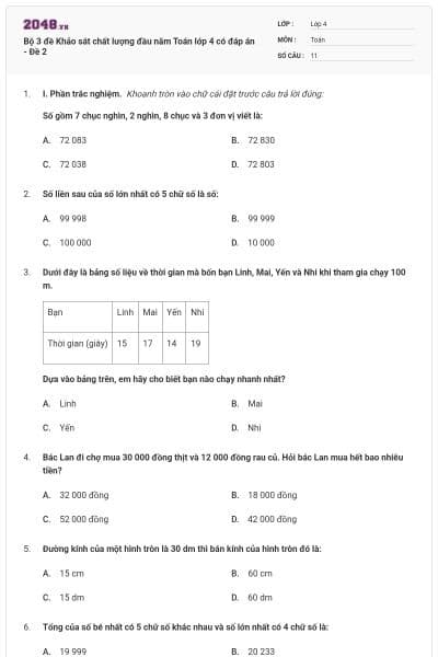 Bộ 3 đề Khảo sát chất lượng đầu năm Toán lớp 4 có đáp án - Đề 2