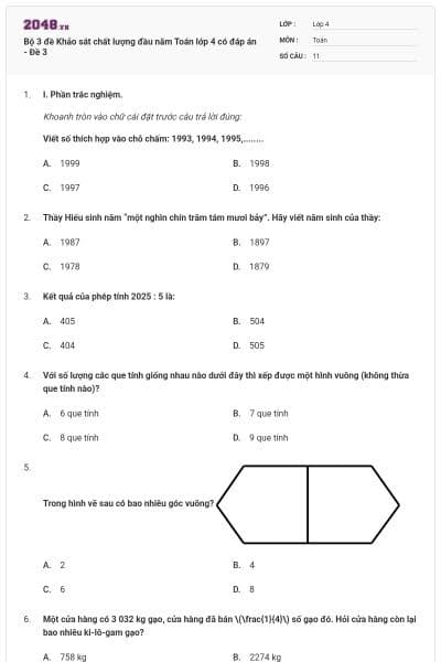 Bộ 3 đề Khảo sát chất lượng đầu năm Toán lớp 4 có đáp án - Đề 3
