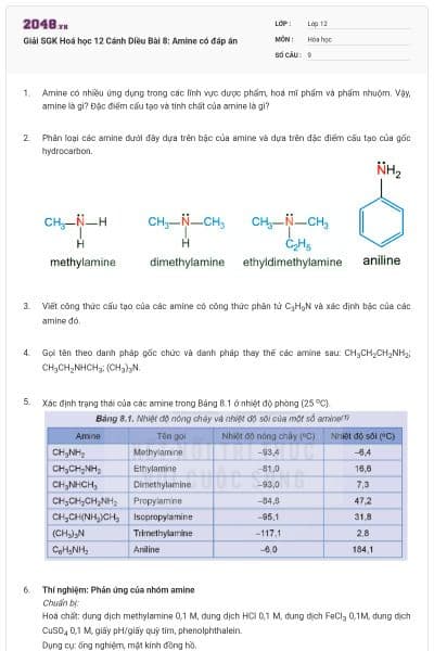 Giải SGK Hoá học 12 Cánh Diều Bài 8: Amine có đáp án