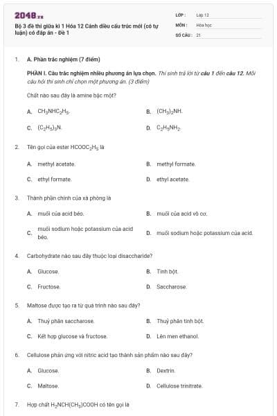 Bộ 3 đề thi giữa kì 1 Hóa 12 Cánh diều cấu trúc mới (có tự luận) có đáp án - Đề 1