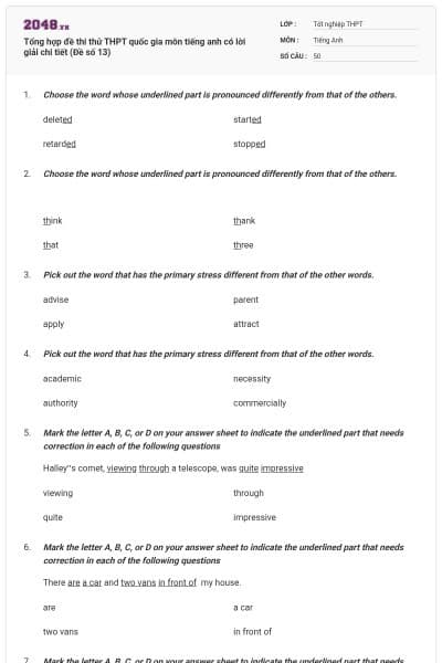 Tổng hợp đề thi thử THPT quốc gia môn tiếng anh có lời giải chi tiết (Đề số 13)