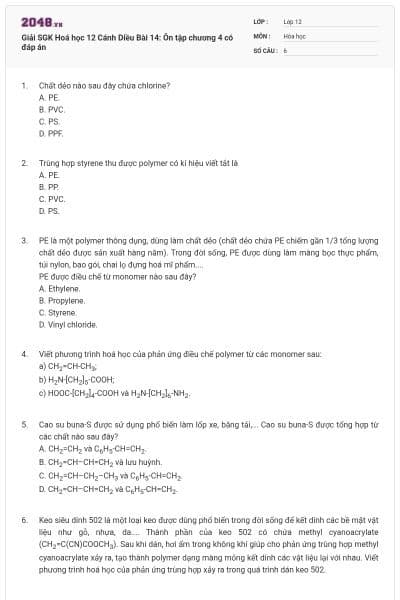 Giải SGK Hoá học 12 Cánh Diều Bài 14: Ôn tập chương 4 có đáp án