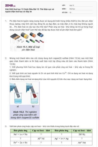 Giải SGK Hoá học 12 Cánh Diều Bài 15: Thế điện cực và nguồn điện hoá học có đáp án