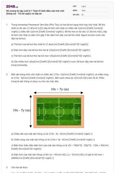 Đề cương ôn tập cuối kì 1 Toán 8 Cánh diều cấu trúc mới (Đúng sai - Trả lời ngắn) có đáp án