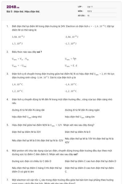 Bài 5 : Điện thế. Hiệu điện thế.