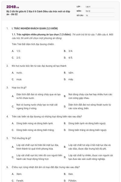 Bộ 3 đề thi giữa kì 2 Địa lí 6 Cánh Diều cấu trúc mới có đáp án - Đề 02