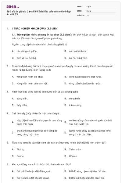 Bộ 3 đề thi giữa kì 2 Địa lí 6 Cánh Diều cấu trúc mới có đáp án - Đề 03