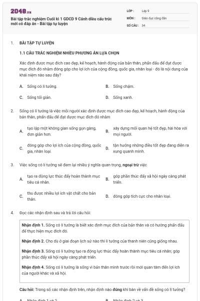 Bài tập trắc nghiệm Cuối kì 1 GDCD 9 Cánh diều cấu trúc mới có đáp án - Bài tập tự luyện