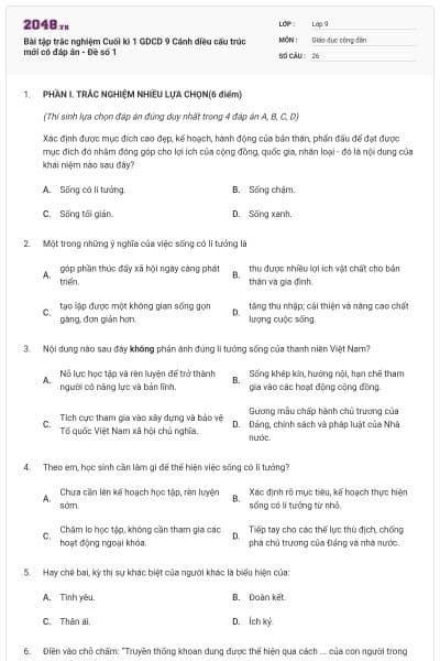 Bài tập trắc nghiệm Cuối kì 1 GDCD 9 Cánh diều cấu trúc mới có đáp án - Đề số 1