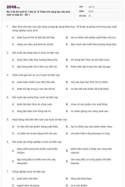 Bộ 3 đề thi cuối kì 1 Địa lý 12 Chân trời sáng tạo cấu trúc mới có đáp án - Đề 1