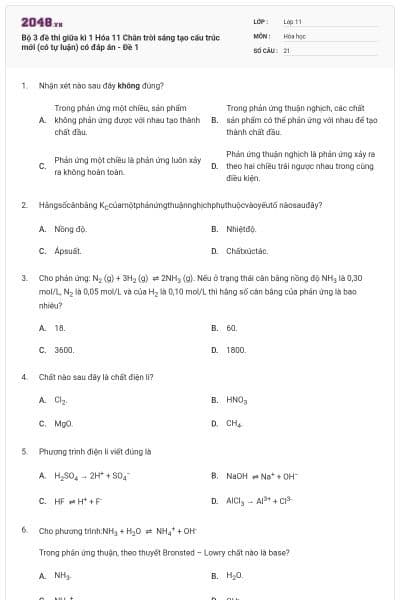 Bộ 3 đề thi giữa kì 1 Hóa 11 Chân trời sáng tạo cấu trúc mới (có tự luận) có đáp án - Đề 1