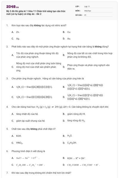 Bộ 3 đề thi giữa kì 1 Hóa 11 Chân trời sáng tạo cấu trúc mới (có tự luận) có đáp án - Đề 2