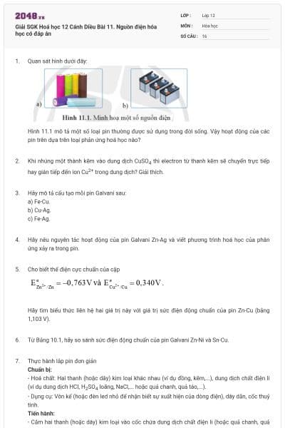Giải SGK Hoá học 12 Cánh Diều Bài 11. Nguồn điện hóa học có đáp án
