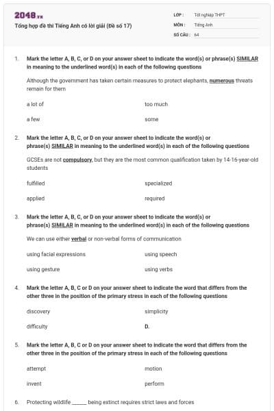 Tổng hợp đề thi Tiếng Anh có lời giải (Đề số 17)