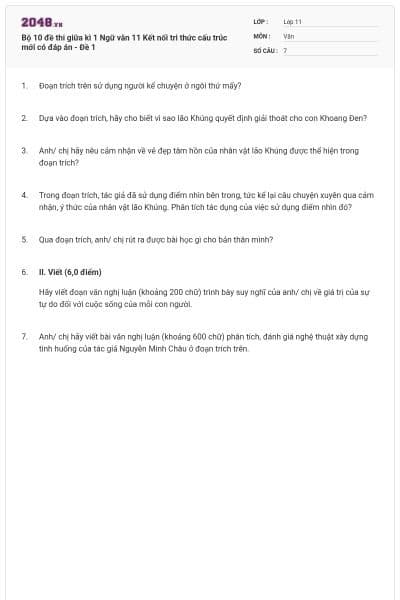 Bộ 10 đề thi giữa kì 1 Ngữ văn 11 Kết nối tri thức cấu trúc mới có đáp án - Đề 1