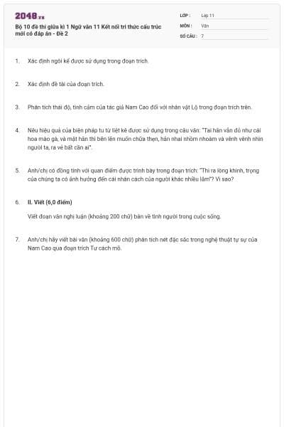 Bộ 10 đề thi giữa kì 1 Ngữ văn 11 Kết nối tri thức cấu trúc mới có đáp án - Đề 2