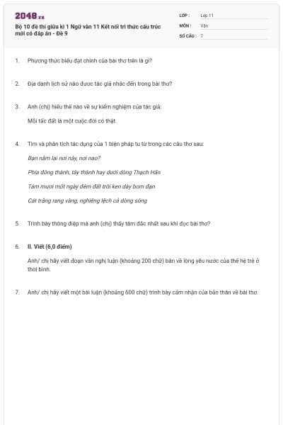 Bộ 10 đề thi giữa kì 1 Ngữ văn 11 Kết nối tri thức cấu trúc mới có đáp án - Đề 9