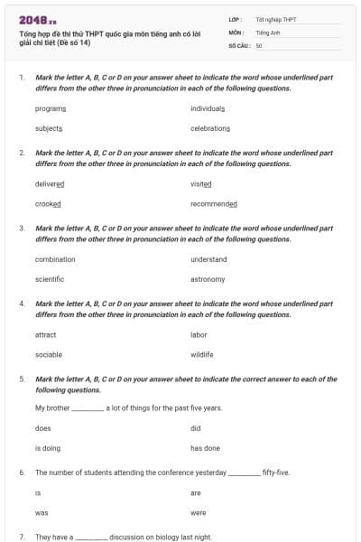 Tổng hợp đề thi thử THPT quốc gia môn tiếng anh có lời giải chi tiết (Đề số 14)