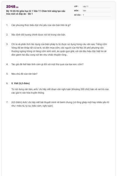 Bộ 10 đề thi giữa học kì 1 Văn 11 Chân trời sáng tạo cấu trúc mới có đáp án - Đề 1