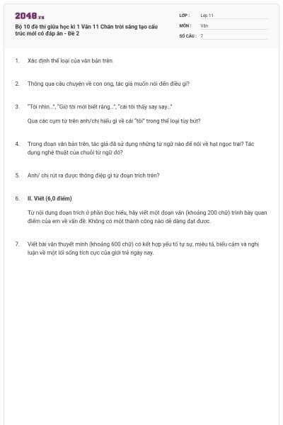 Bộ 10 đề thi giữa học kì 1 Văn 11 Chân trời sáng tạo cấu trúc mới có đáp án - Đề 2