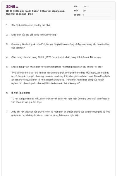 Bộ 10 đề thi giữa học kì 1 Văn 11 Chân trời sáng tạo cấu trúc mới có đáp án - Đề 3