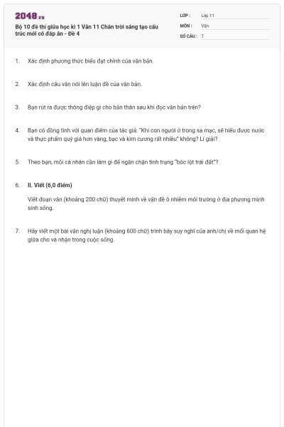 Bộ 10 đề thi giữa học kì 1 Văn 11 Chân trời sáng tạo cấu trúc mới có đáp án - Đề 4