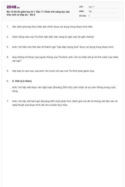 Bộ 10 đề thi giữa học kì 1 Văn 11 Chân trời sáng tạo cấu trúc mới có đáp án - Đề 8